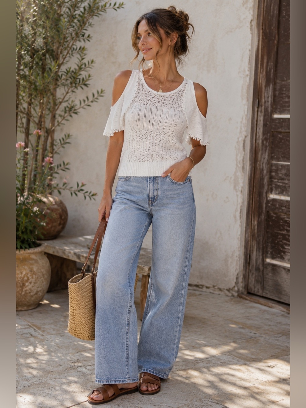 Jonathan Simkhai White Open Knit‎ Ruffle Top NWT Designer Boho Large